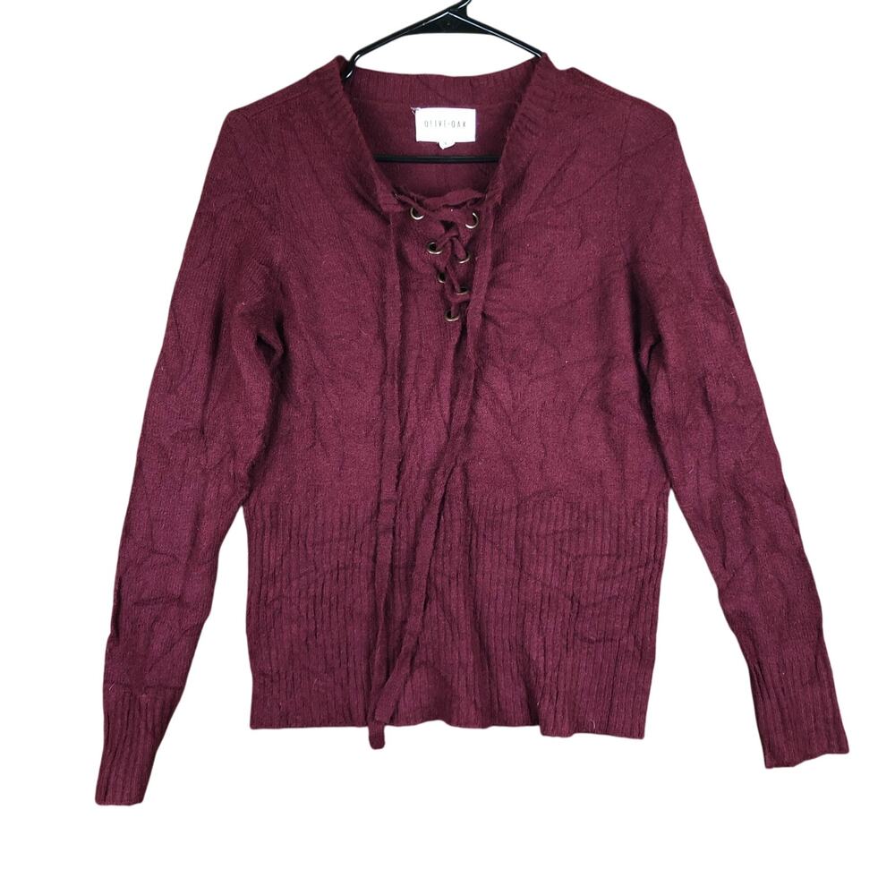 Olive + Oak Womens Sweater Burgundy V Neck Lace Up Long Sleeve Soft Stretch XS